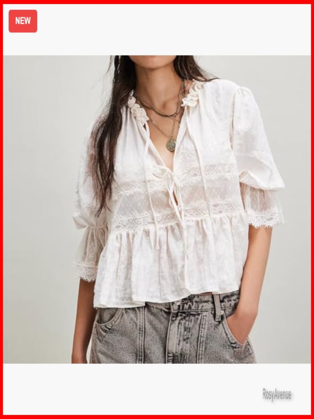 Peplum Blouse Lace Patchwork Tie Front Babydoll Top Cute Going Out Top - Picture 3 of 7